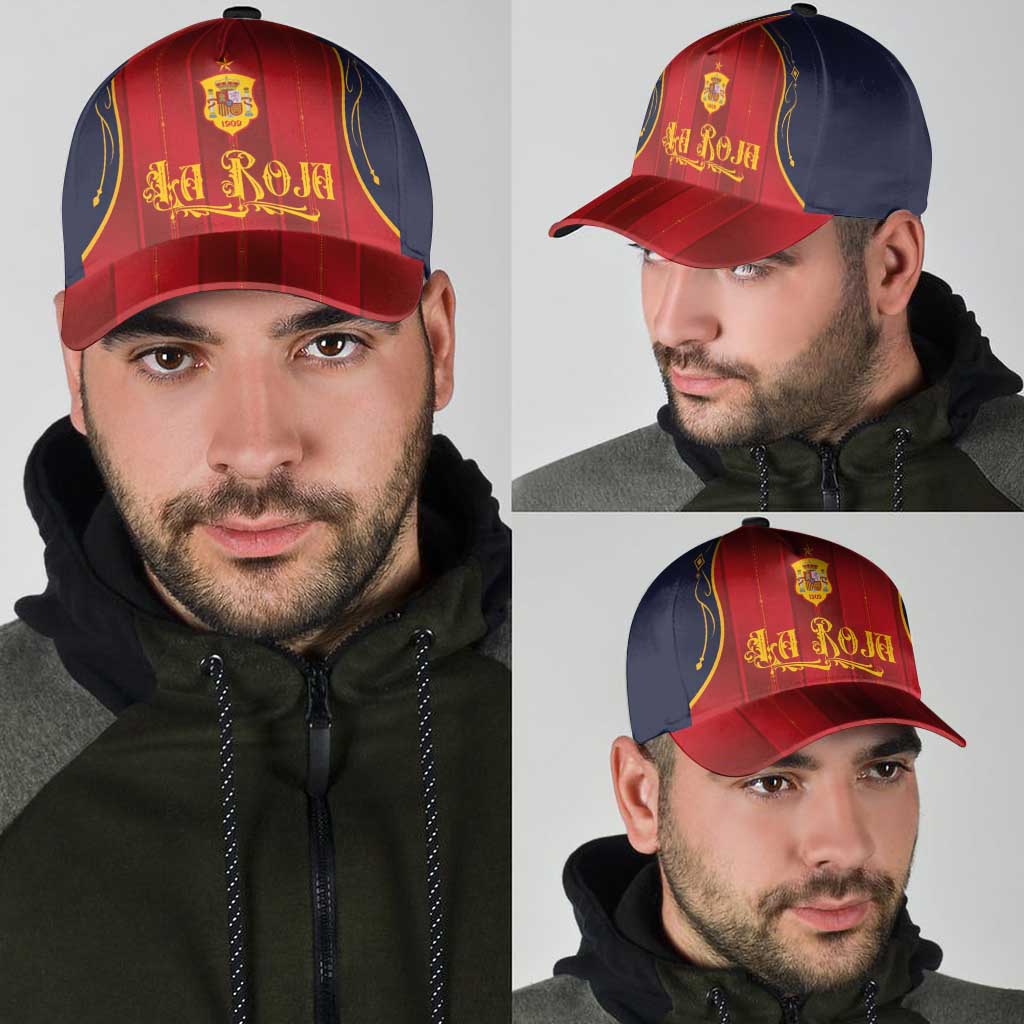 Spain La Roja Football Classic Cap Vintage Gothic Typography And Royal Crest Pinstripe Design