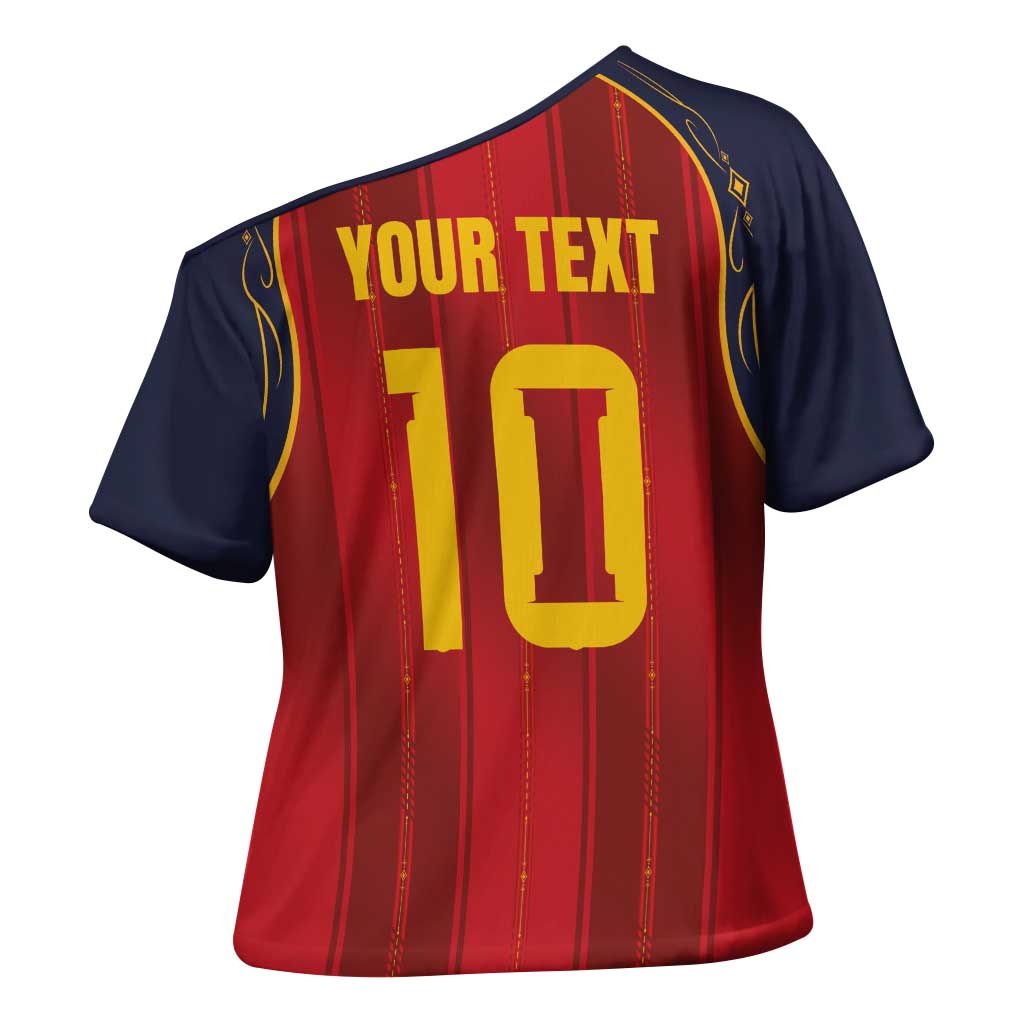 Custom Spain La Roja Football Cross Shoulder Shirt Gothic Typography Royal Crest Pinstripe