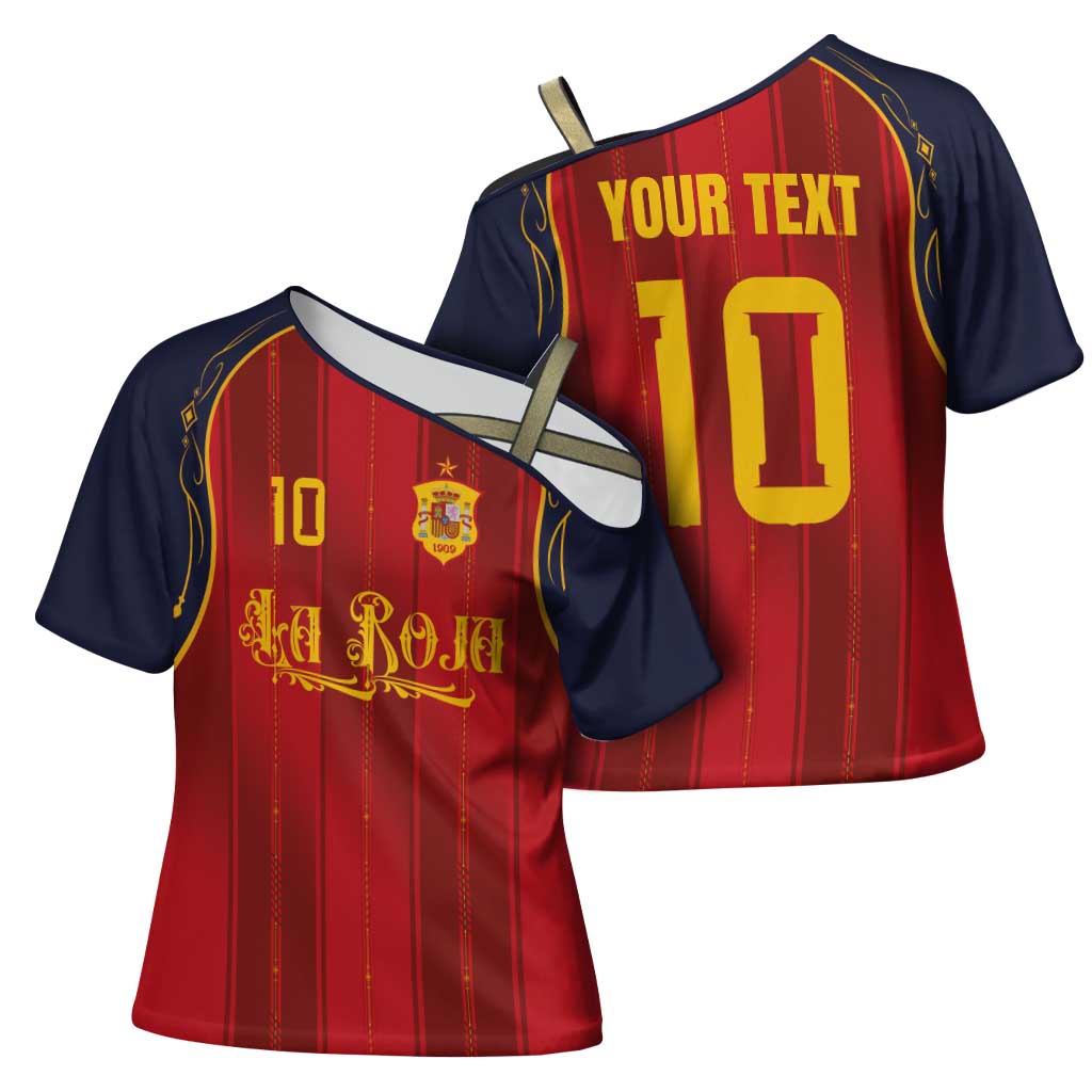 Custom Spain La Roja Football Cross Shoulder Shirt Gothic Typography Royal Crest Pinstripe