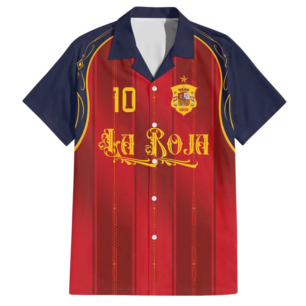 Custom Spain La Roja Football Hawaiian Shirt Gothic Typography Royal Crest Pinstripe