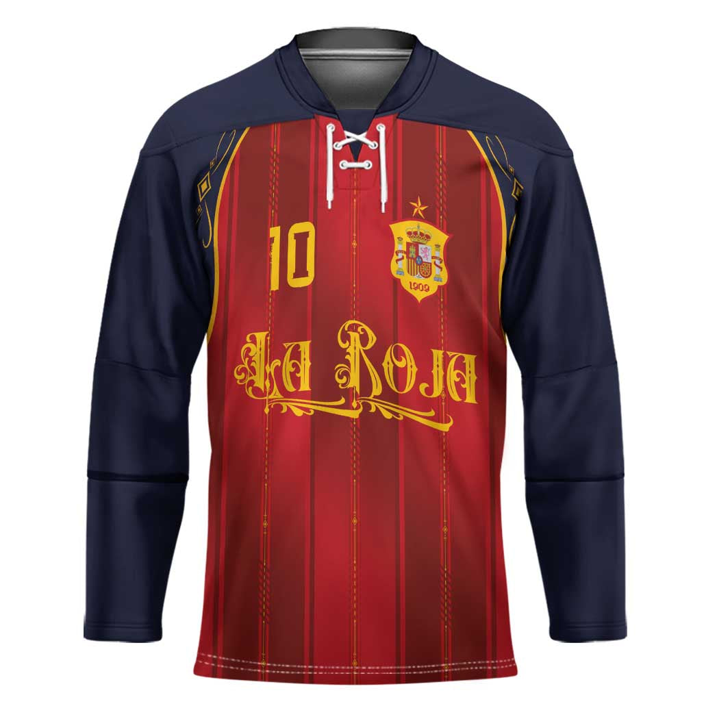 Custom Spain La Roja Football Hockey Jersey Gothic Typography Royal Crest Pinstripe