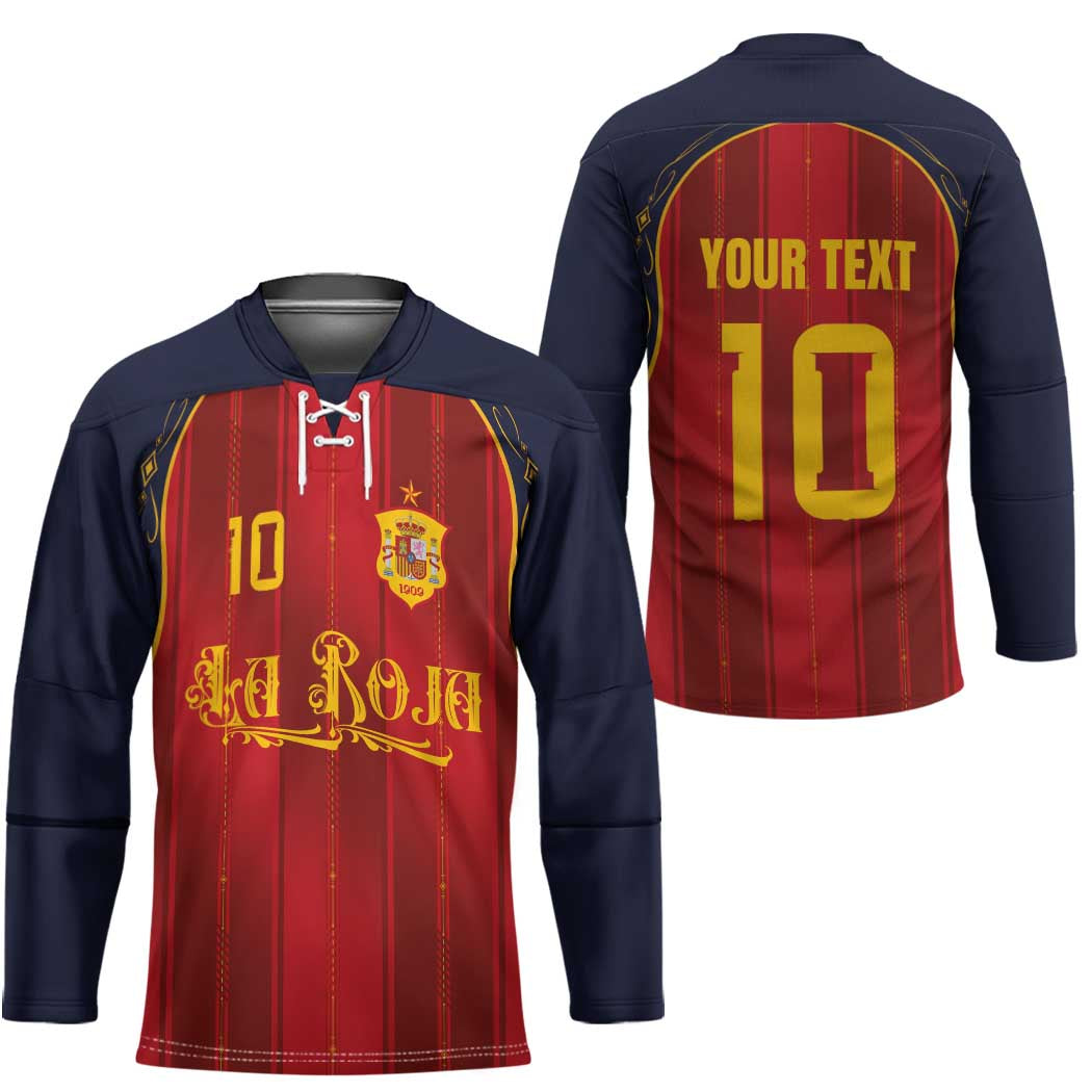 Custom Spain La Roja Football Hockey Jersey Gothic Typography Royal Crest Pinstripe