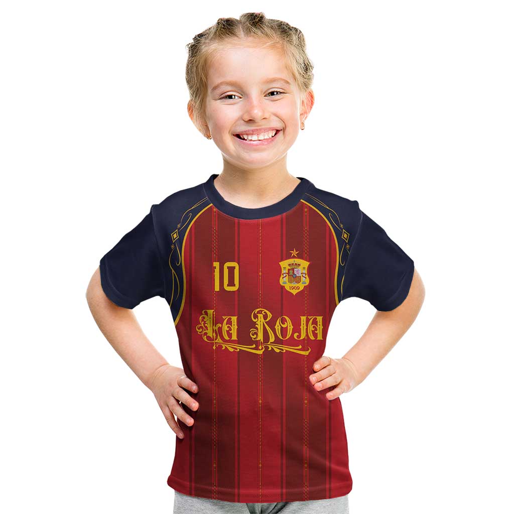 Custom Spain La Roja Football Kid T Shirt Gothic Typography Royal Crest Pinstripe