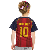 Custom Spain La Roja Football Kid T Shirt Gothic Typography Royal Crest Pinstripe