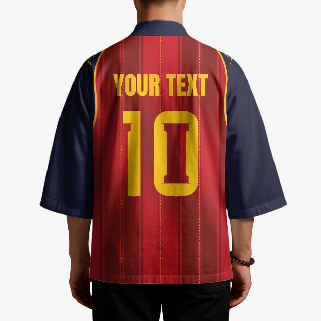 Custom Spain La Roja Football Kimono Gothic Typography Royal Crest Pinstripe