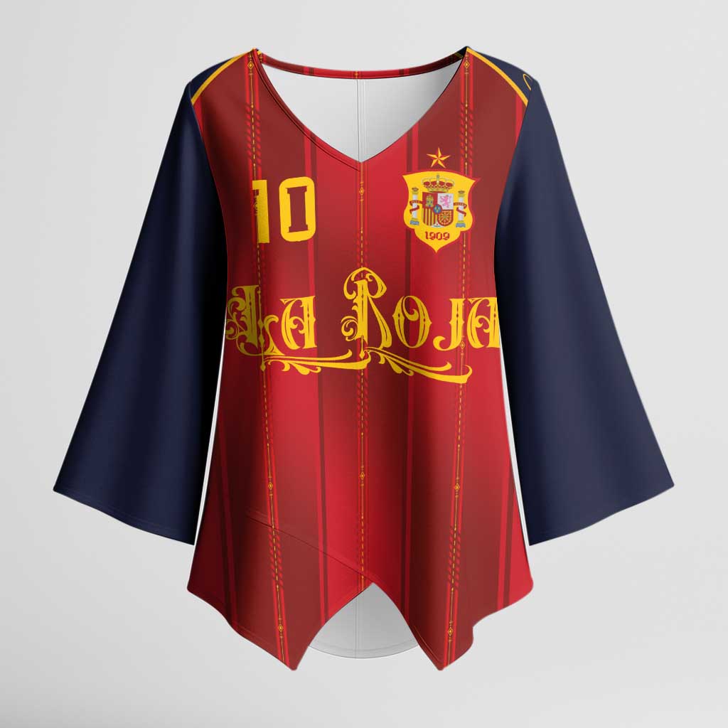 Custom Spain La Roja Football Kimono Sleeve Blouse Gothic Typography Royal Crest Pinstripe