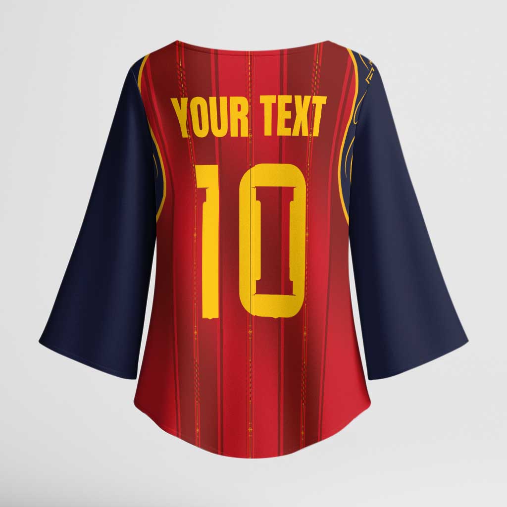 Custom Spain La Roja Football Kimono Sleeve Blouse Gothic Typography Royal Crest Pinstripe
