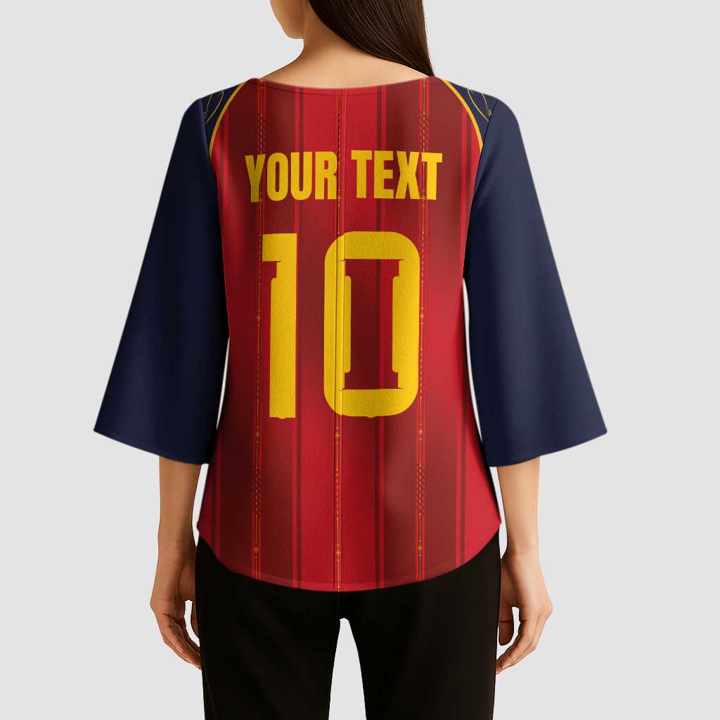Custom Spain La Roja Football Kimono Sleeve Blouse Gothic Typography Royal Crest Pinstripe
