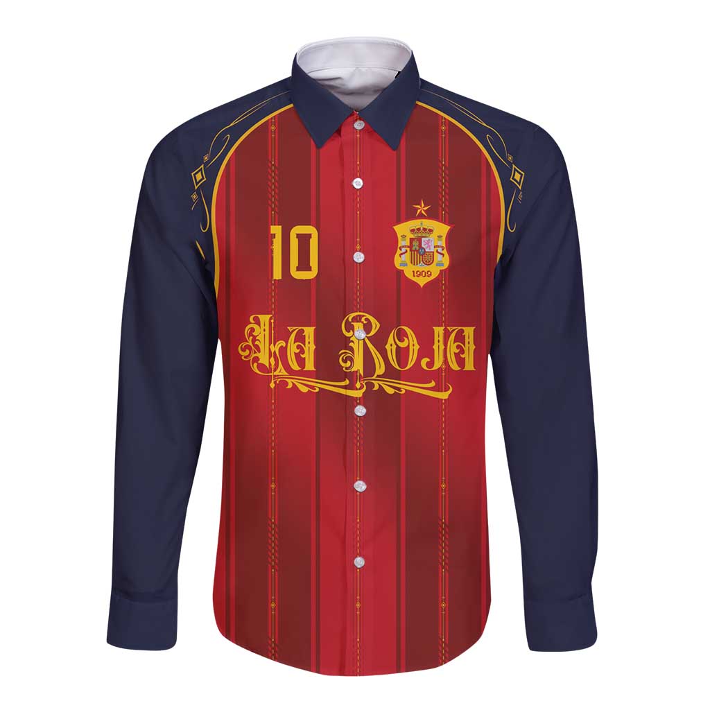 Custom Spain La Roja Football Long Sleeve Button Shirt Gothic Typography Royal Crest Pinstripe