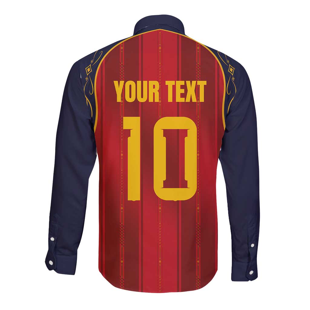 Custom Spain La Roja Football Long Sleeve Button Shirt Gothic Typography Royal Crest Pinstripe
