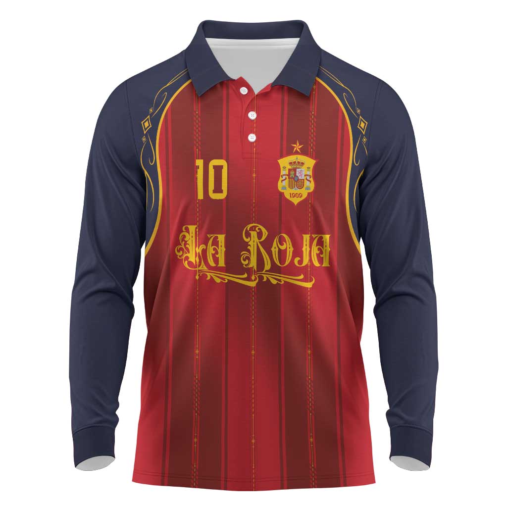 Custom Spain La Roja Football Long Sleeve Polo Shirt Gothic Typography Royal Crest Pinstripe