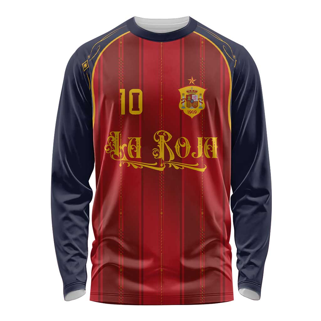 Custom Spain La Roja Football Long Sleeve Shirt Gothic Typography Royal Crest Pinstripe