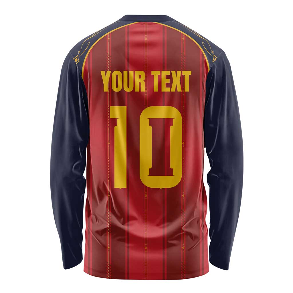 Custom Spain La Roja Football Long Sleeve Shirt Gothic Typography Royal Crest Pinstripe