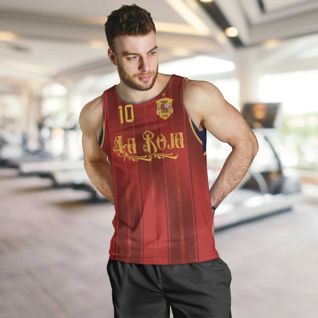 Custom Spain La Roja Football Men Tank Top Gothic Typography Royal Crest Pinstripe