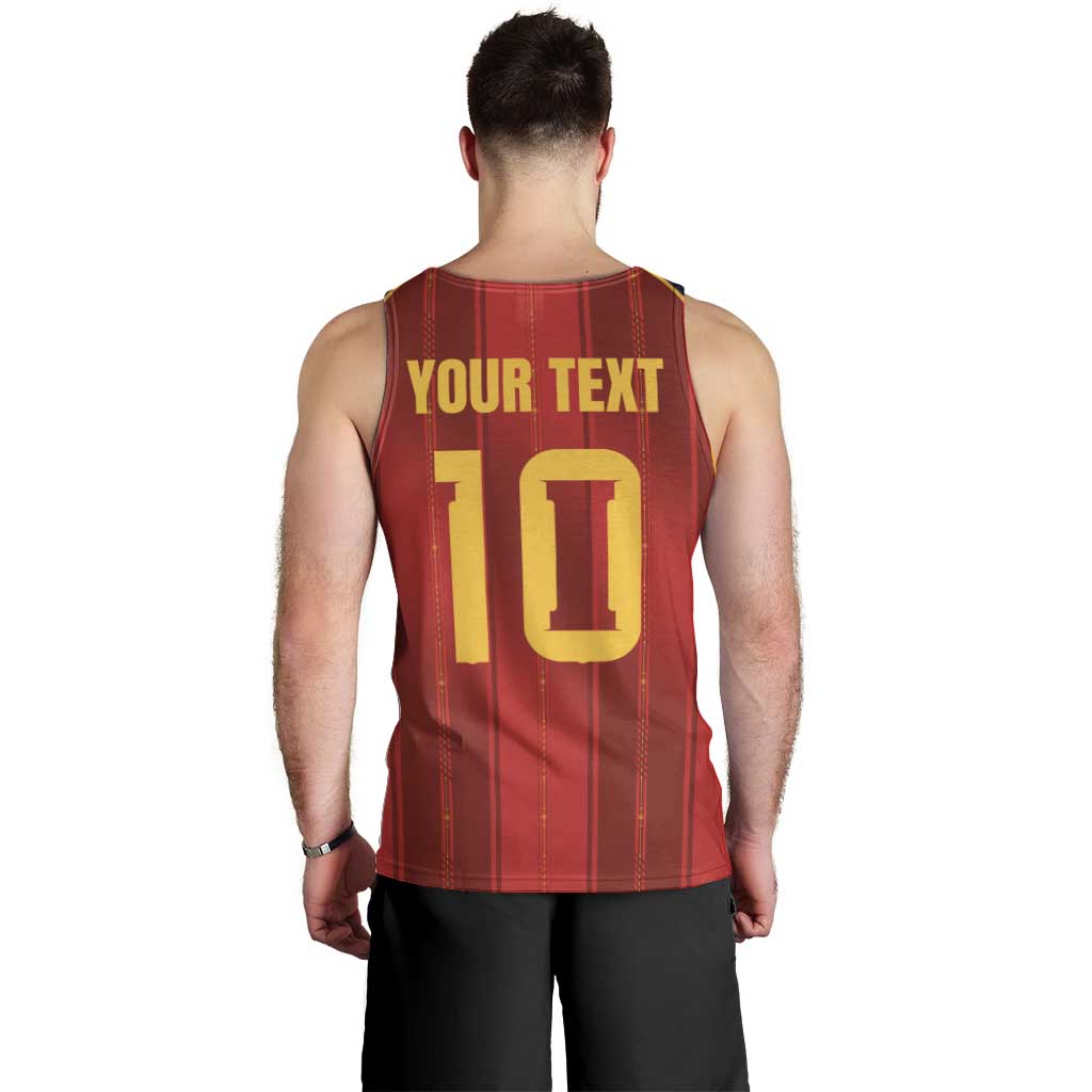 Custom Spain La Roja Football Men Tank Top Gothic Typography Royal Crest Pinstripe