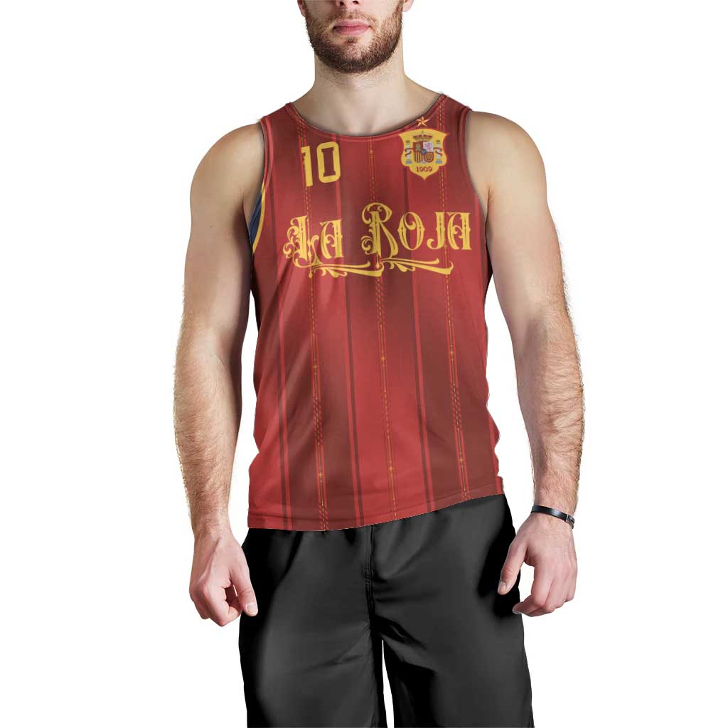Custom Spain La Roja Football Men Tank Top Gothic Typography Royal Crest Pinstripe