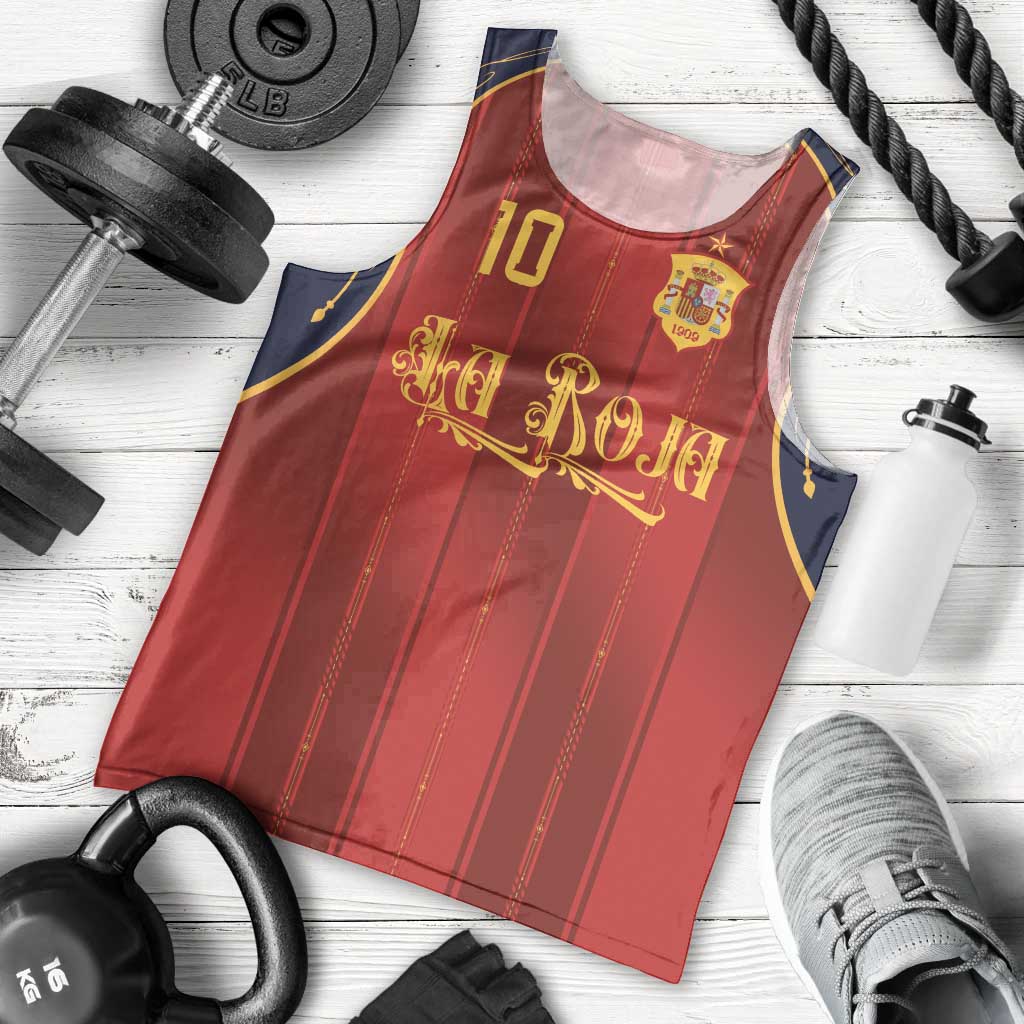 Custom Spain La Roja Football Men Tank Top Gothic Typography Royal Crest Pinstripe