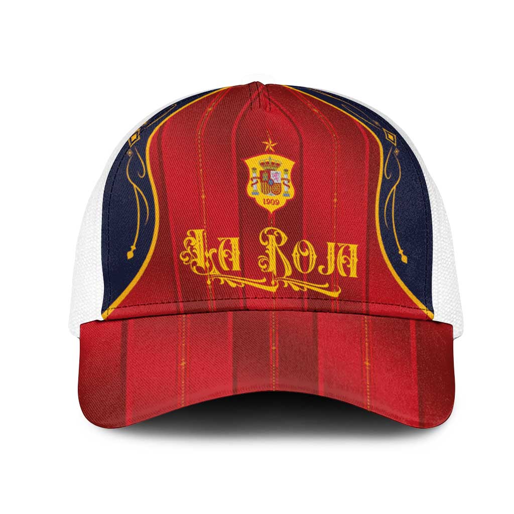 Spain La Roja Football Mesh Trucker Cap Vintage Gothic Typography And Royal Crest Pinstripe Design