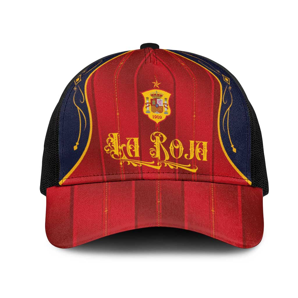 Spain La Roja Football Mesh Trucker Cap Vintage Gothic Typography And Royal Crest Pinstripe Design