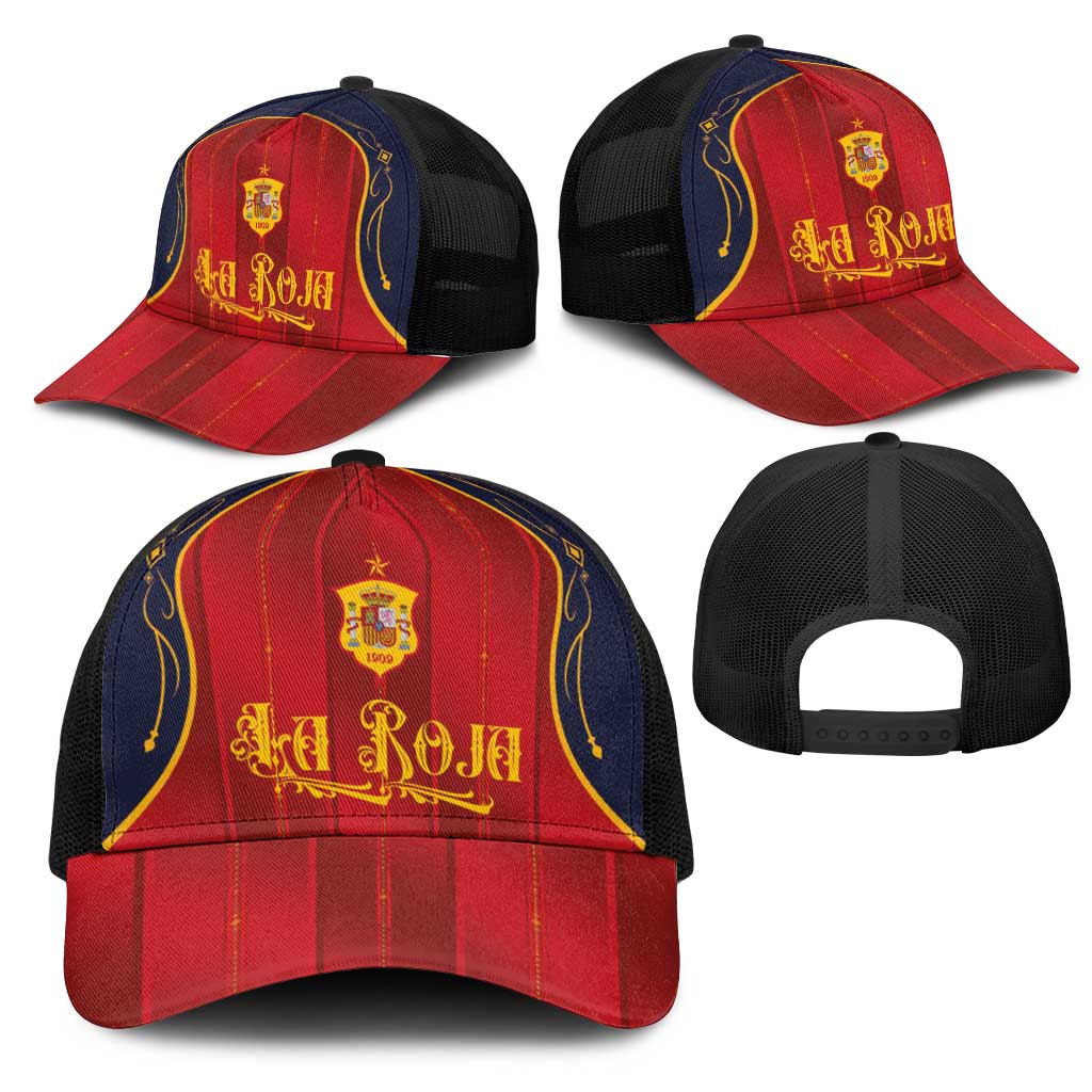 Spain La Roja Football Mesh Trucker Cap Vintage Gothic Typography And Royal Crest Pinstripe Design