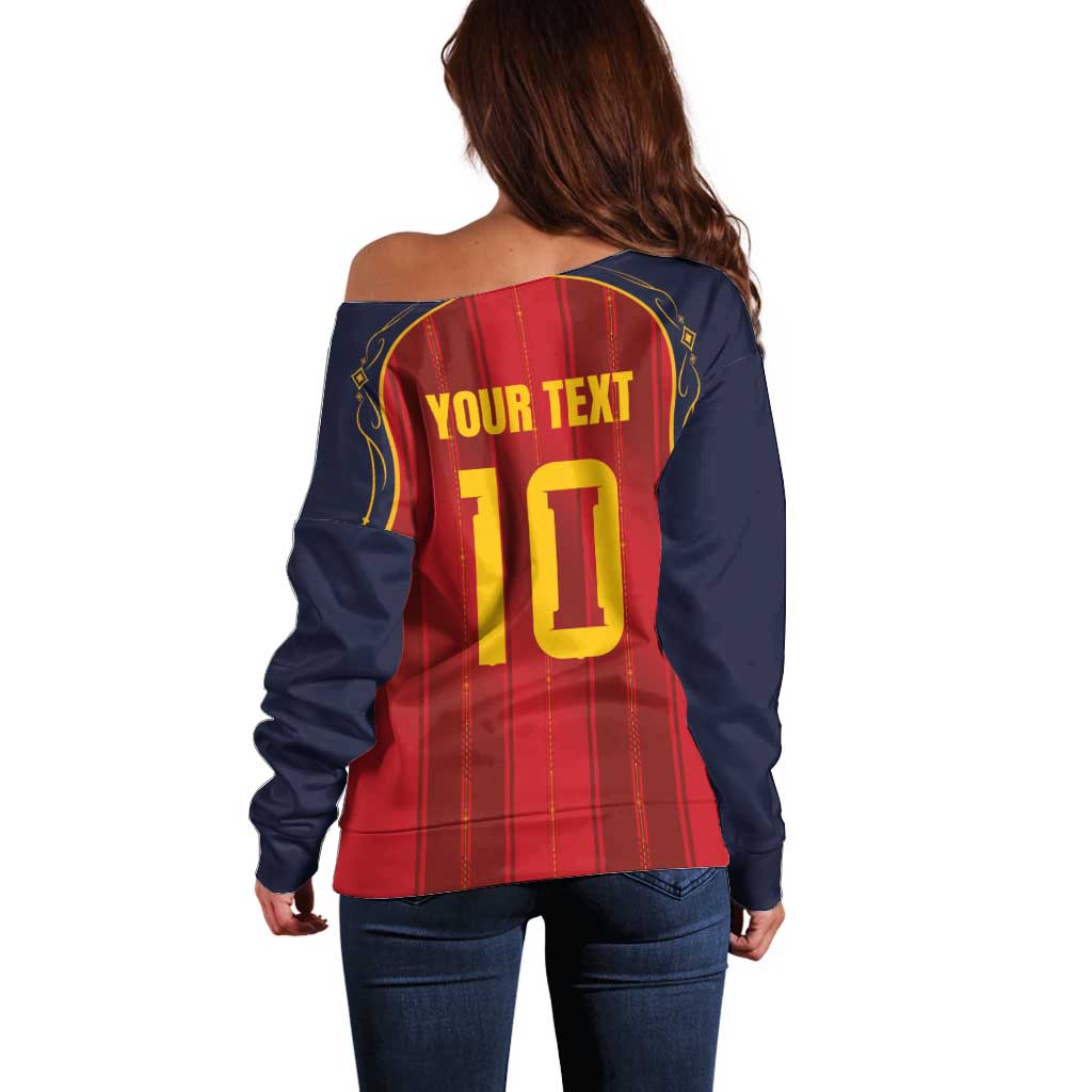 Custom Spain La Roja Football Off Shoulder Sweater Gothic Typography Royal Crest Pinstripe