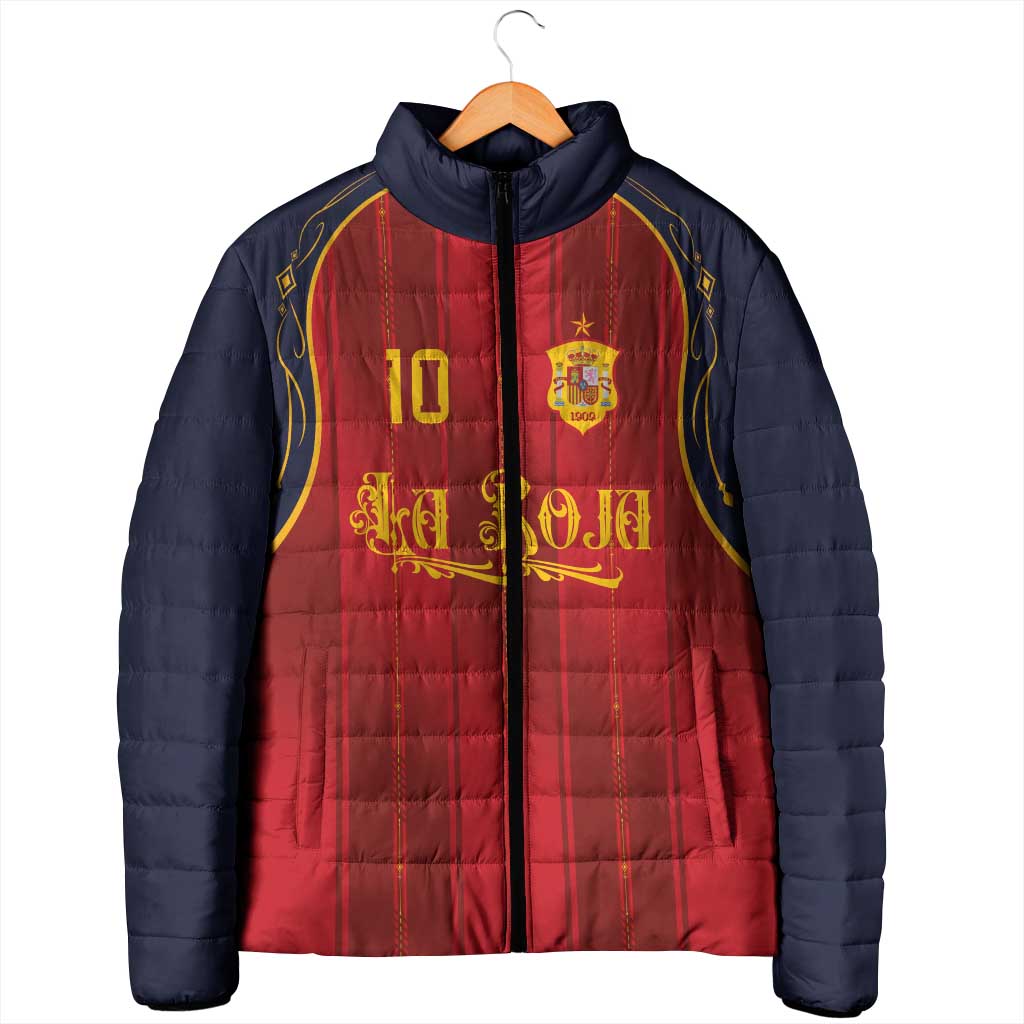 Custom Spain La Roja Football Padded Jacket Gothic Typography Royal Crest Pinstripe