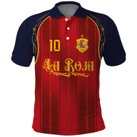Custom Spain La Roja Football Polo Shirt Gothic Typography Royal Crest Pinstripe