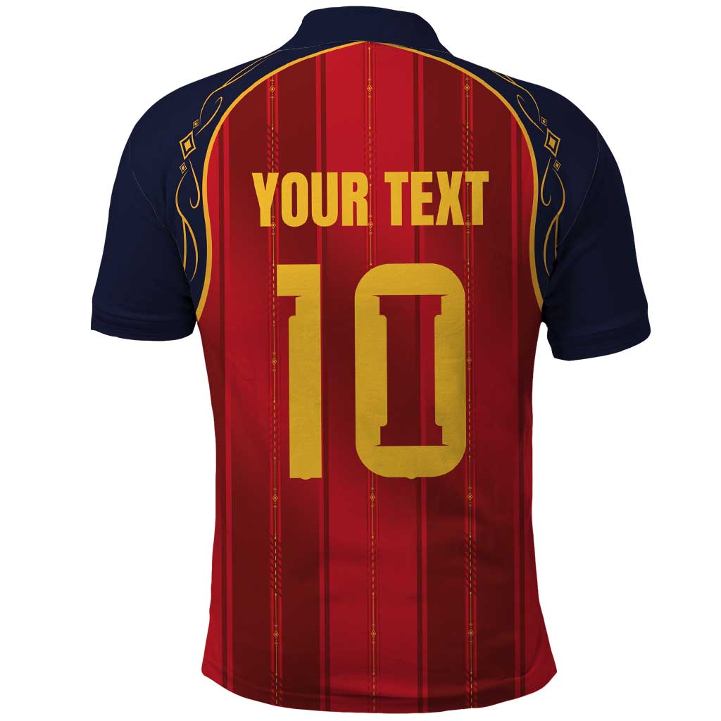 Custom Spain La Roja Football Polo Shirt Gothic Typography Royal Crest Pinstripe