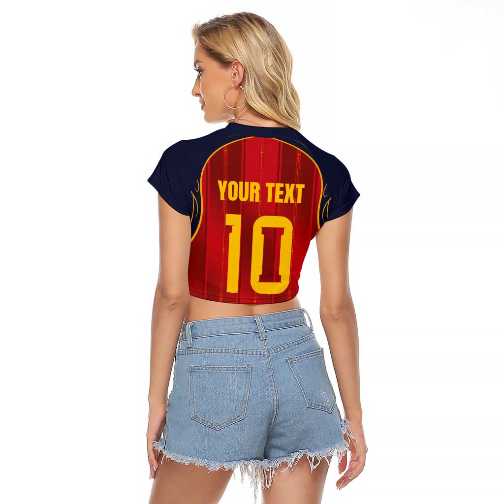Custom Spain La Roja Football Raglan Cropped T Shirt Gothic Typography Royal Crest Pinstripe