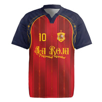 Custom Spain La Roja Football Rugby Jersey Gothic Typography Royal Crest Pinstripe