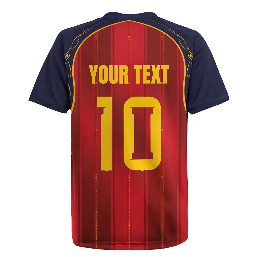 Custom Spain La Roja Football Rugby Jersey Gothic Typography Royal Crest Pinstripe