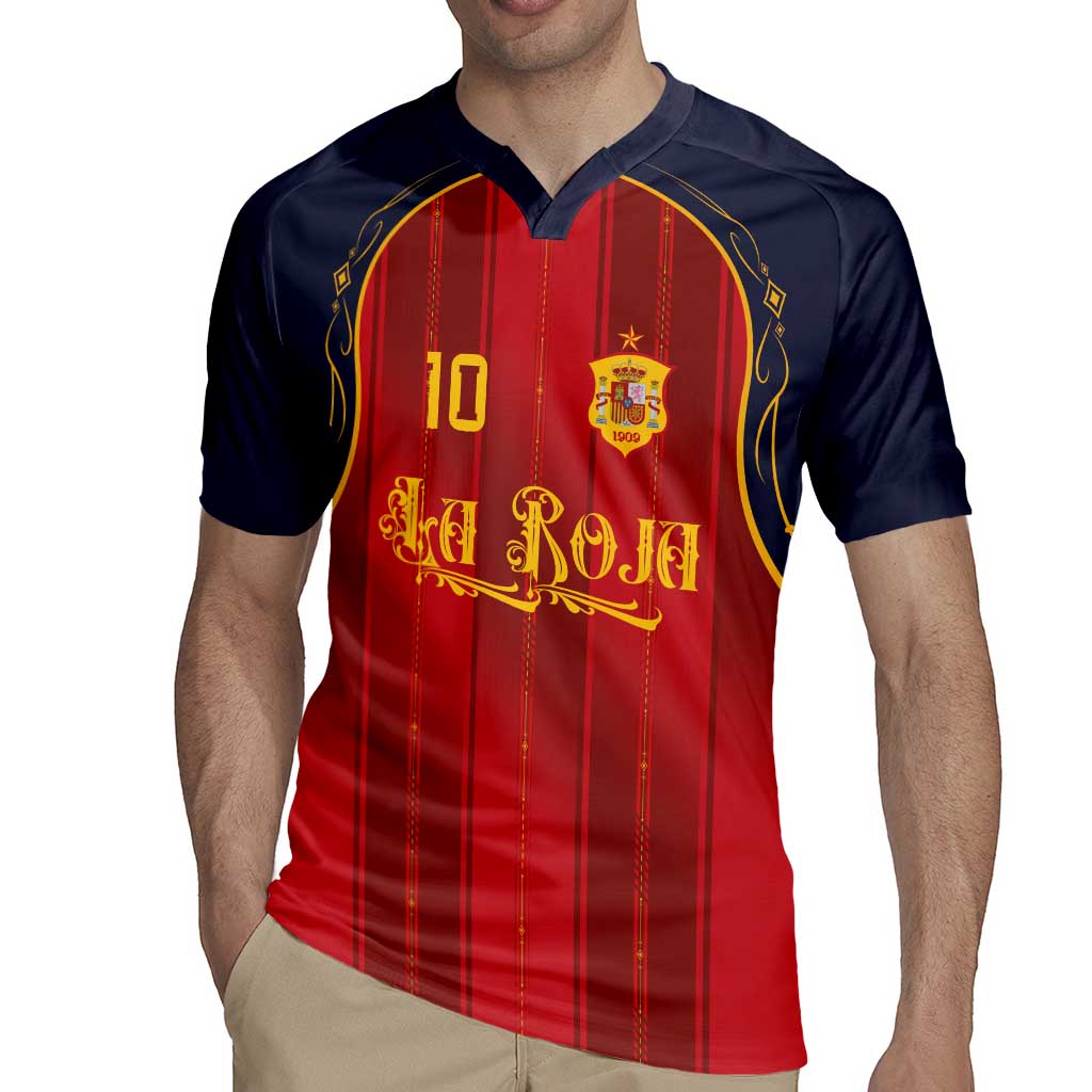 Custom Spain La Roja Football Rugby Jersey Gothic Typography Royal Crest Pinstripe