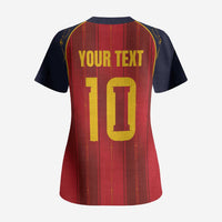Custom Spain La Roja Football Scrub Top Gothic Typography Royal Crest Pinstripe