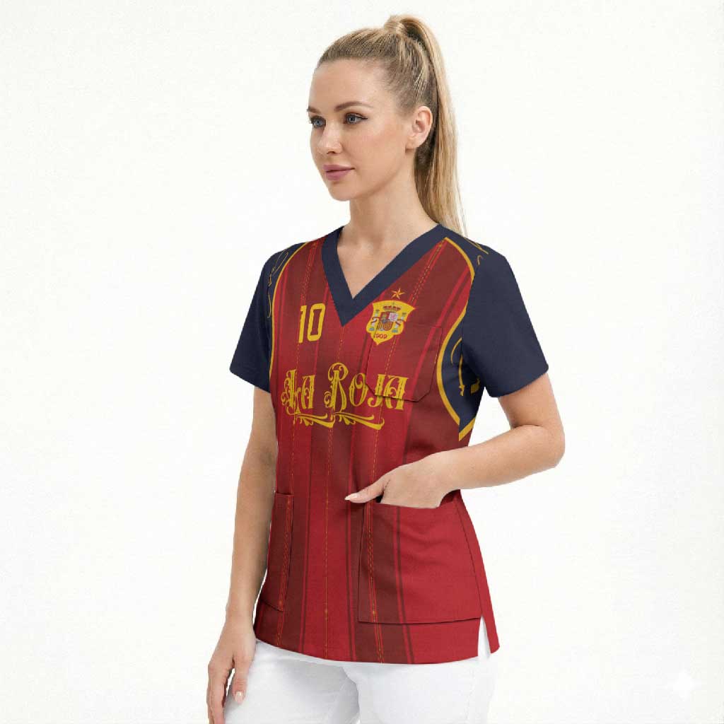 Custom Spain La Roja Football Scrub Top Gothic Typography Royal Crest Pinstripe
