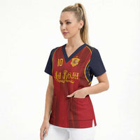 Custom Spain La Roja Football Scrub Top Gothic Typography Royal Crest Pinstripe