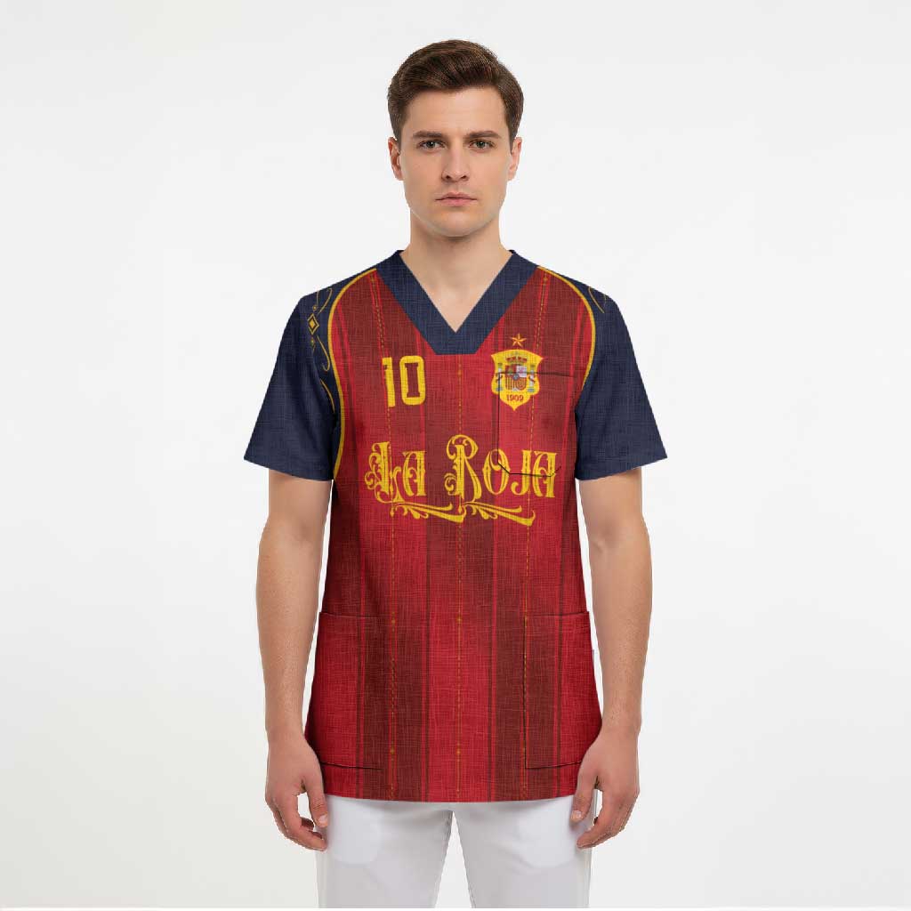 Custom Spain La Roja Football Scrub Top Gothic Typography Royal Crest Pinstripe