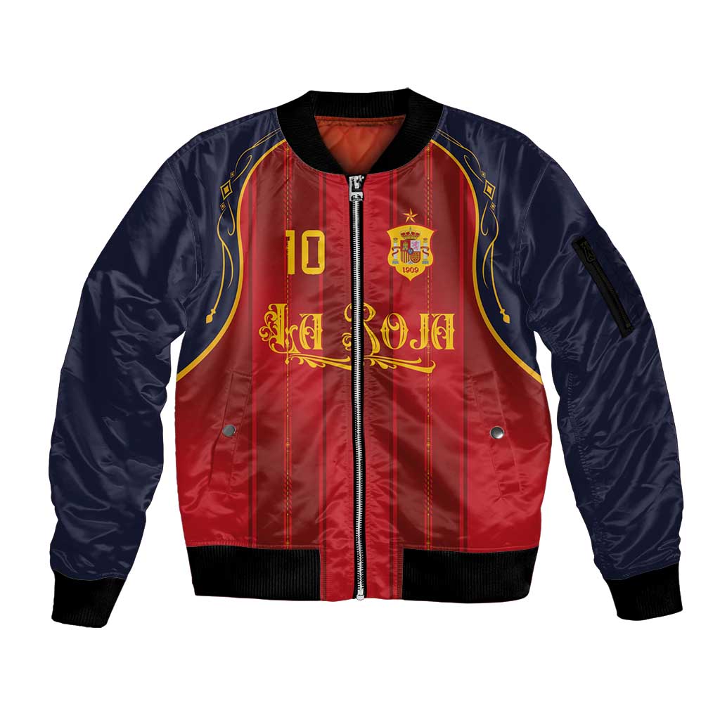 Custom Spain La Roja Football Sleeve Zip Bomber Jacket Gothic Typography Royal Crest Pinstripe