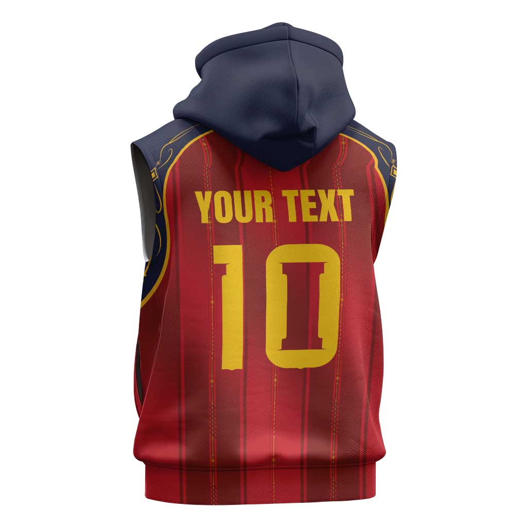 Custom Spain La Roja Football Sleeveless Hoodie Gothic Typography Royal Crest Pinstripe