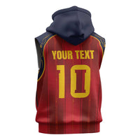 Custom Spain La Roja Football Sleeveless Hoodie Gothic Typography Royal Crest Pinstripe