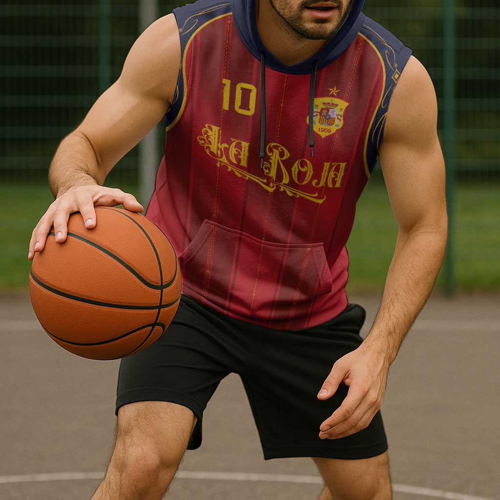 Custom Spain La Roja Football Sleeveless Hoodie Gothic Typography Royal Crest Pinstripe