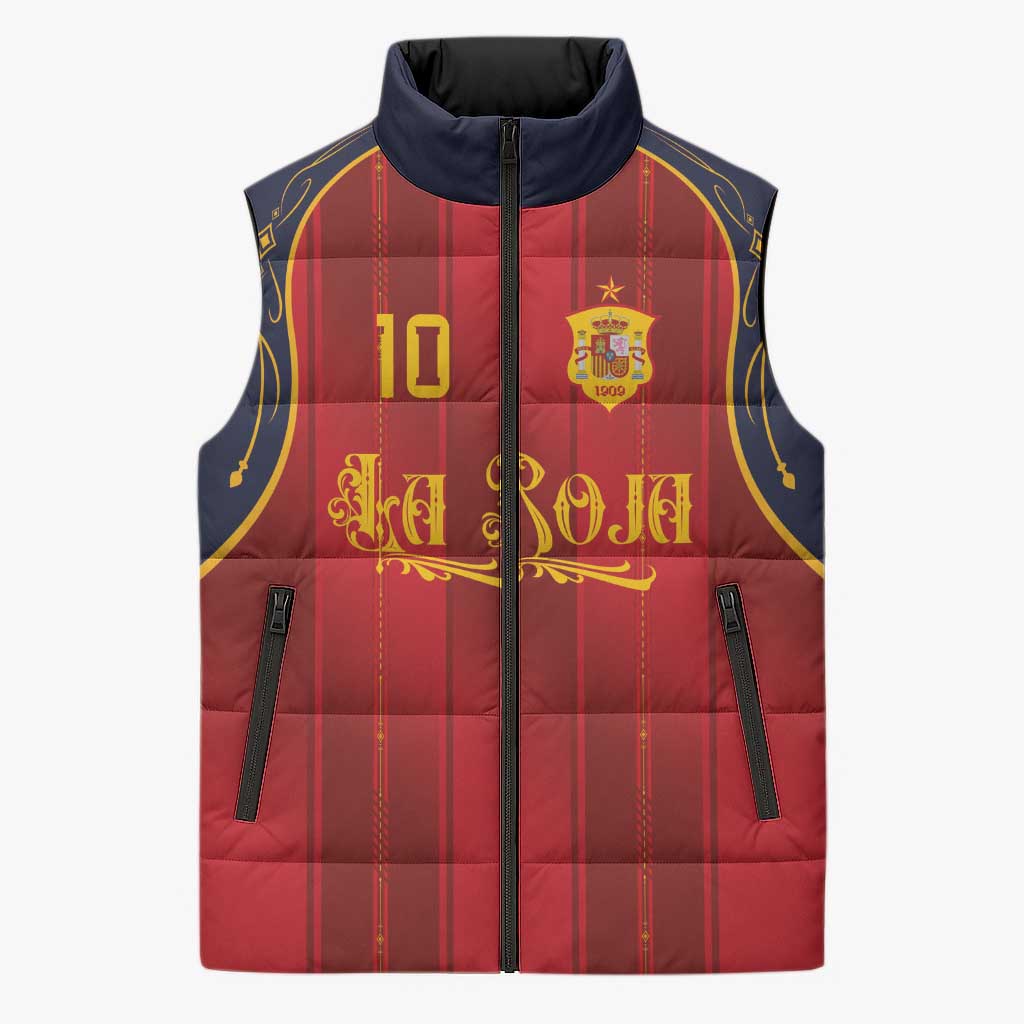 Custom Spain La Roja Football Sleeveless Puffer Jacket Gothic Typography Royal Crest Pinstripe
