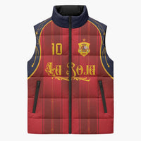 Custom Spain La Roja Football Sleeveless Puffer Jacket Gothic Typography Royal Crest Pinstripe