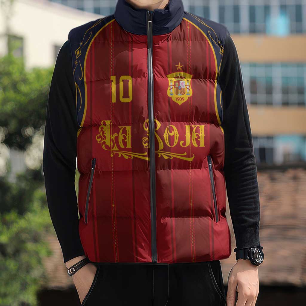 Custom Spain La Roja Football Sleeveless Puffer Jacket Gothic Typography Royal Crest Pinstripe