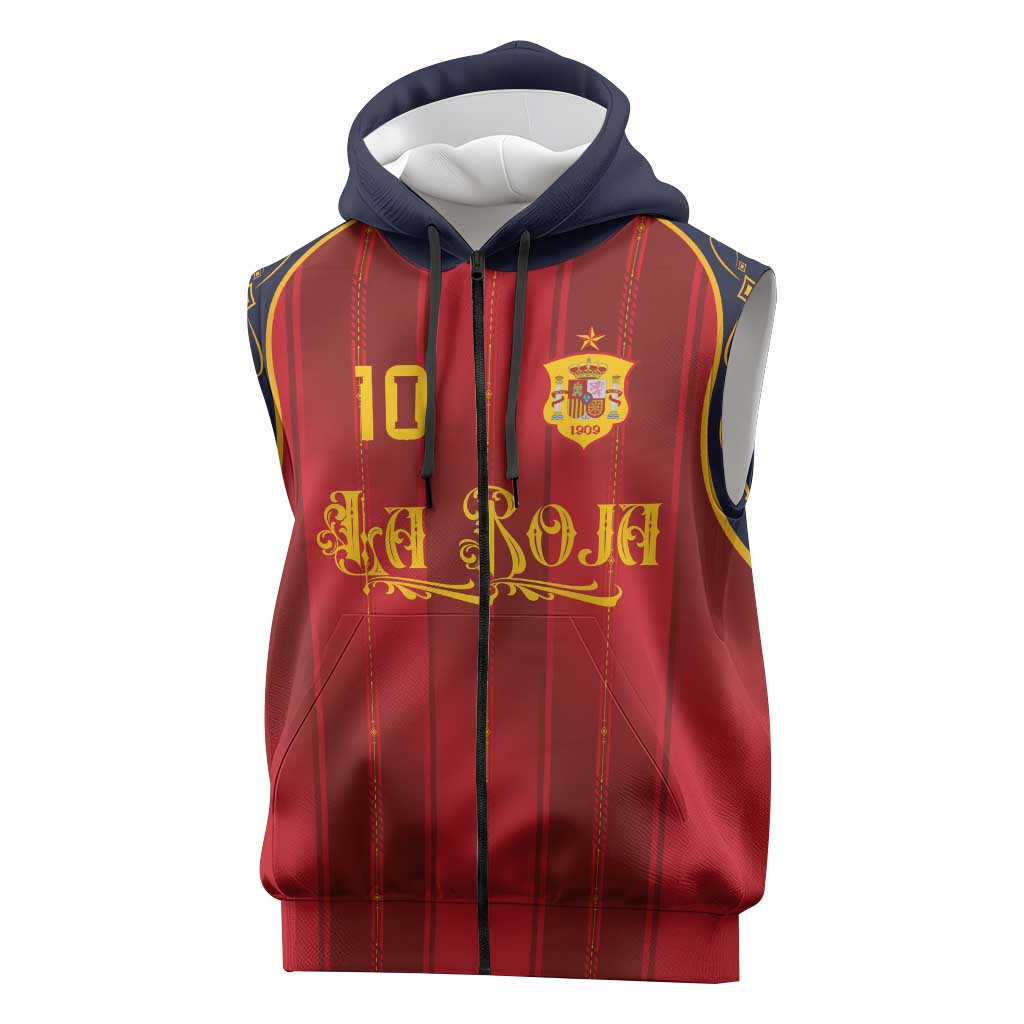 Custom Spain La Roja Football Sleeveless Zip Hoodie Gothic Typography Royal Crest Pinstripe