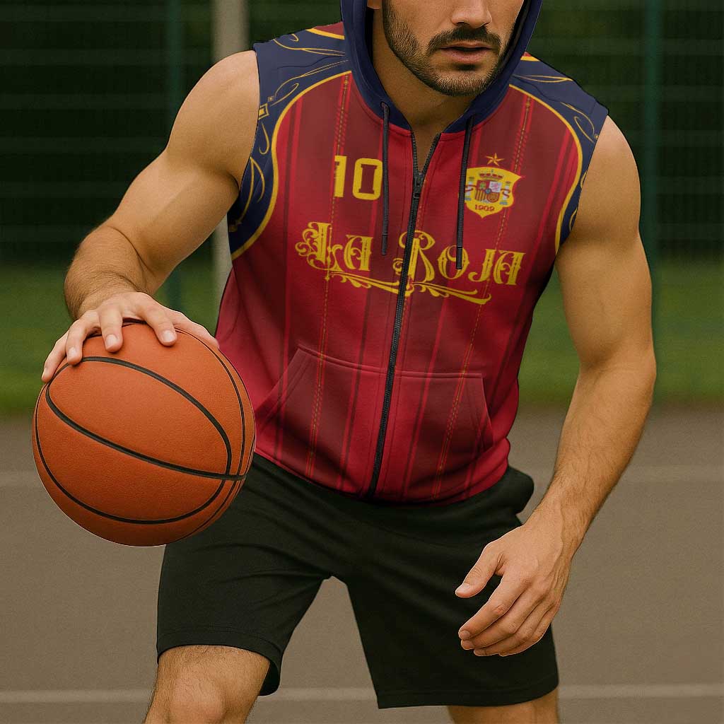Custom Spain La Roja Football Sleeveless Zip Hoodie Gothic Typography Royal Crest Pinstripe