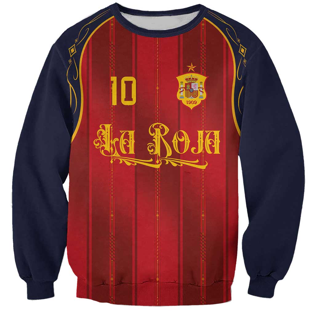 Custom Spain La Roja Football Sweatshirt Gothic Typography Royal Crest Pinstripe