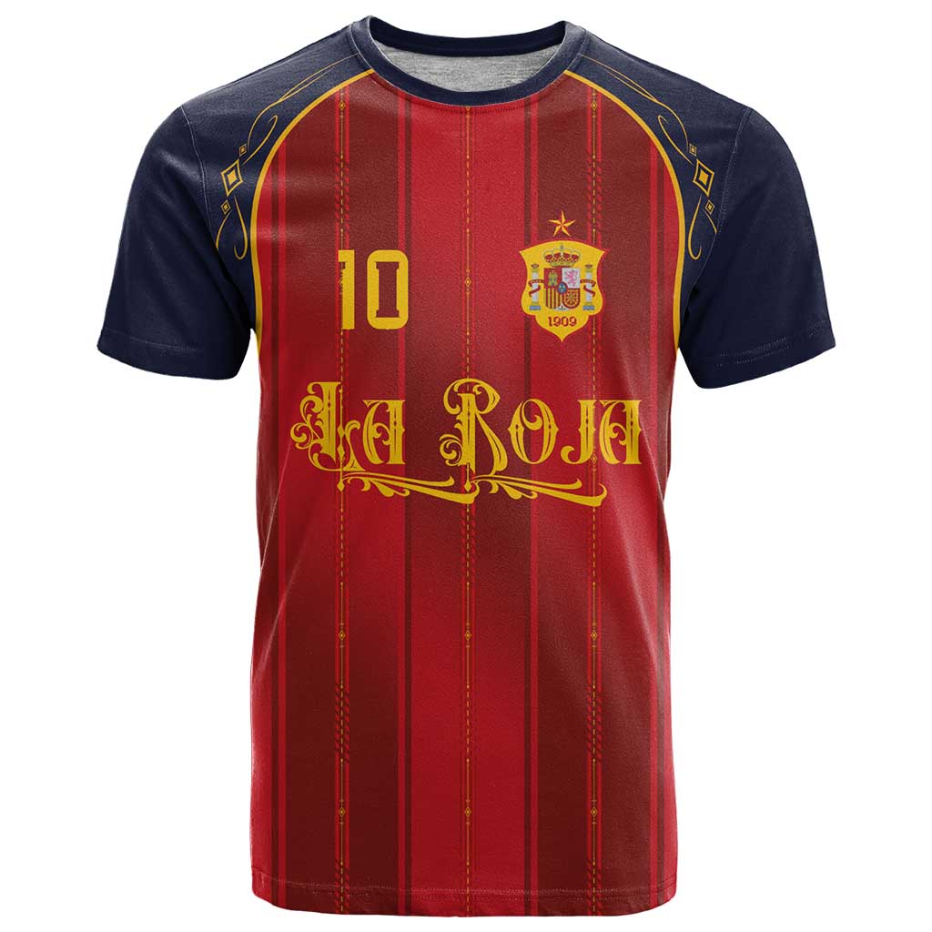 Custom Spain La Roja Football T Shirt Gothic Typography Royal Crest Pinstripe