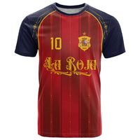 Custom Spain La Roja Football T Shirt Gothic Typography Royal Crest Pinstripe