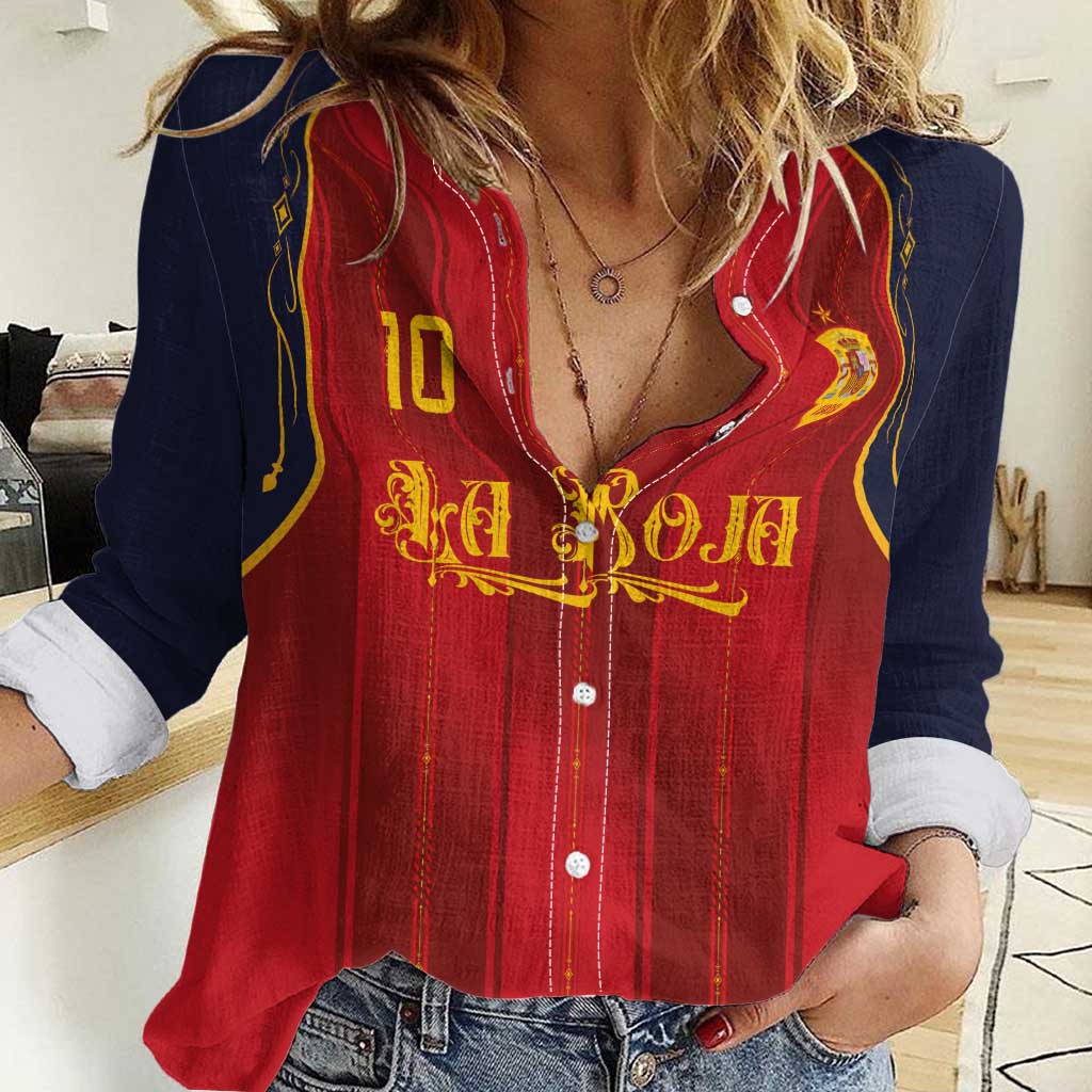 Custom Spain La Roja Football Women Casual Shirt Gothic Typography Royal Crest Pinstripe