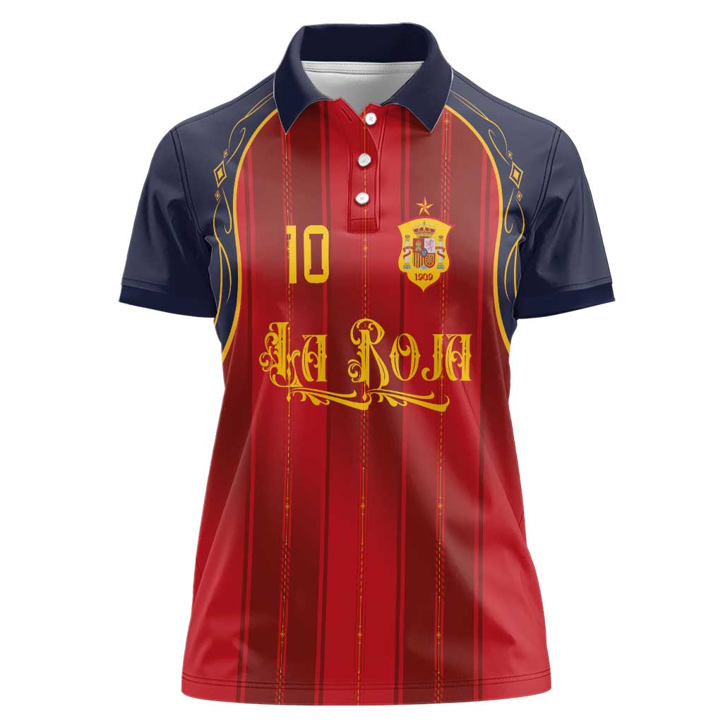 Custom Spain La Roja Football Women Polo Shirt Gothic Typography Royal Crest Pinstripe